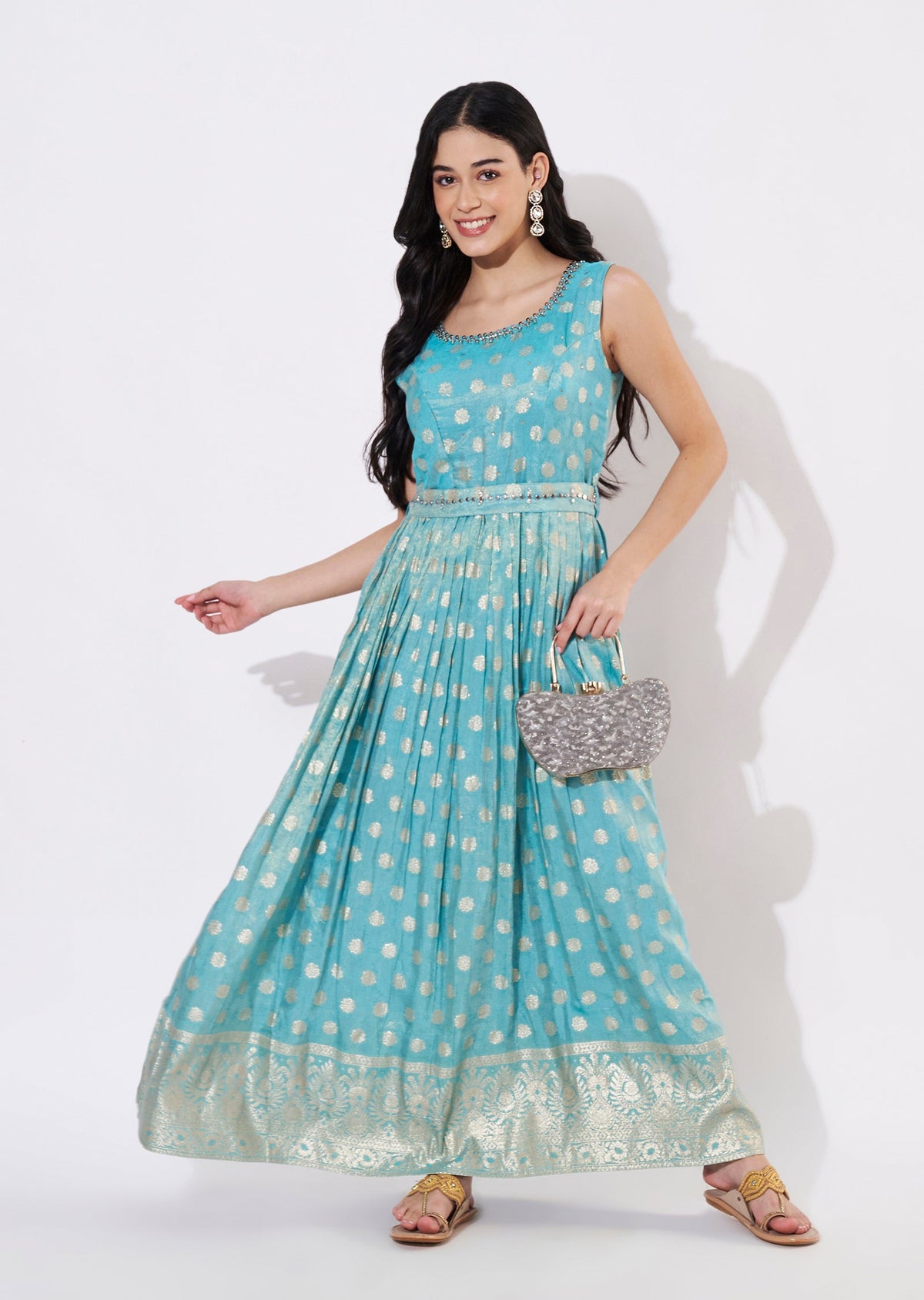 Sea Blue Tissue Long Kurti