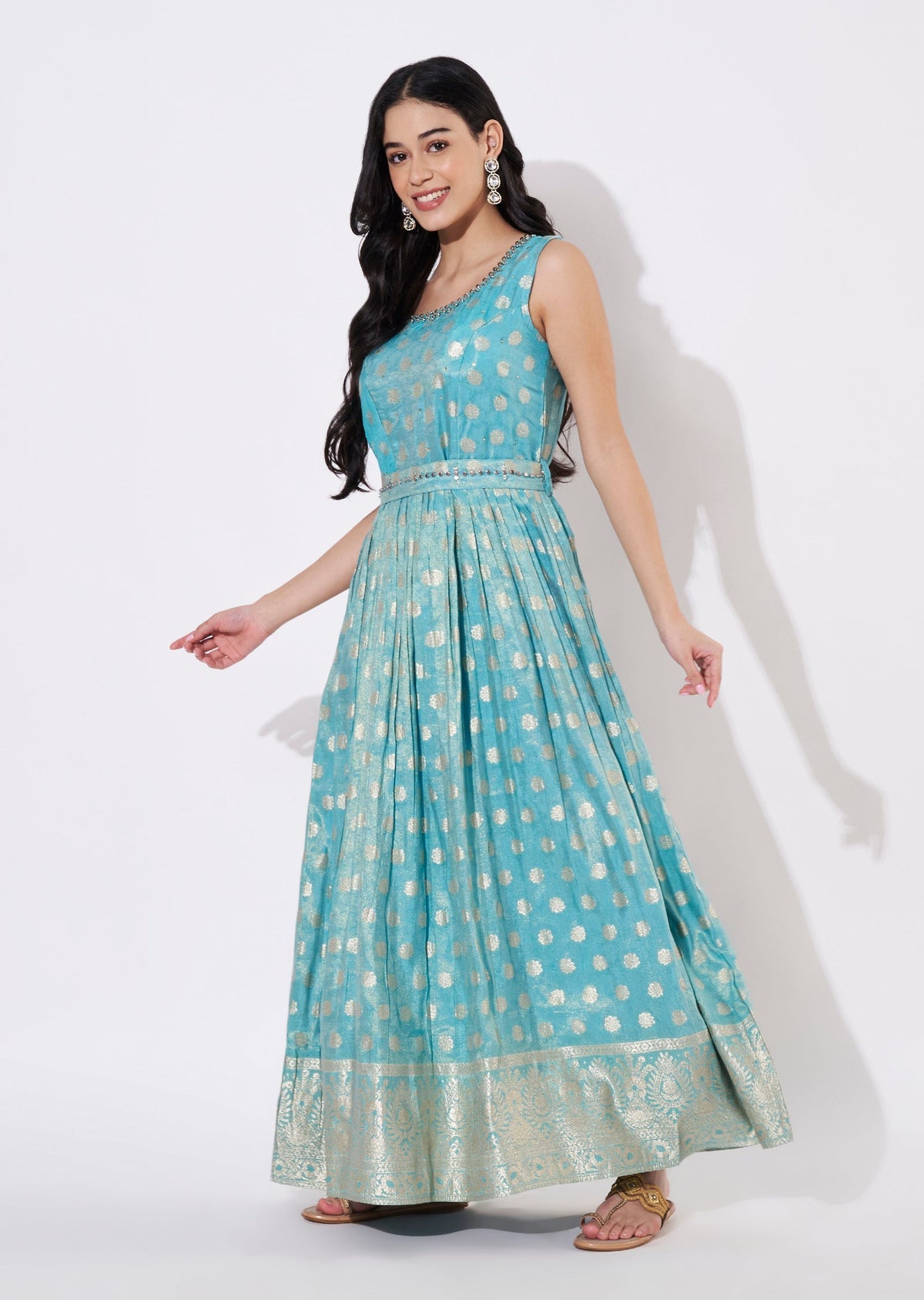 Sea Blue Tissue Long Kurti