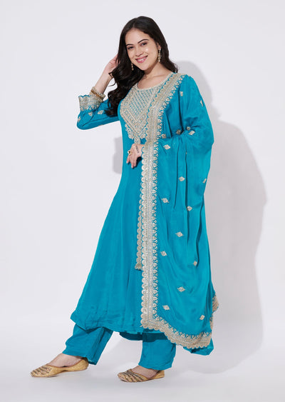 Rama Blue Chinnon Anarkali Suit