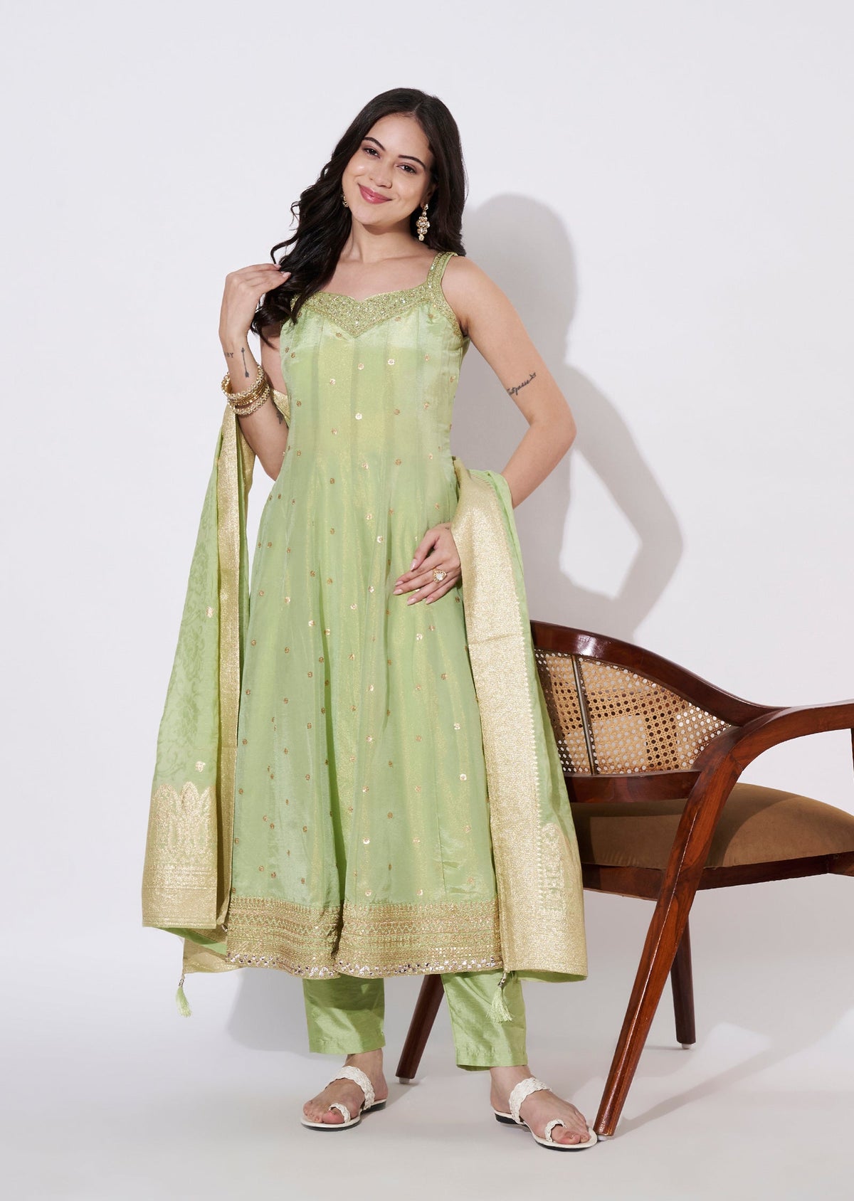 Light Green Tissue Anarkali Suit