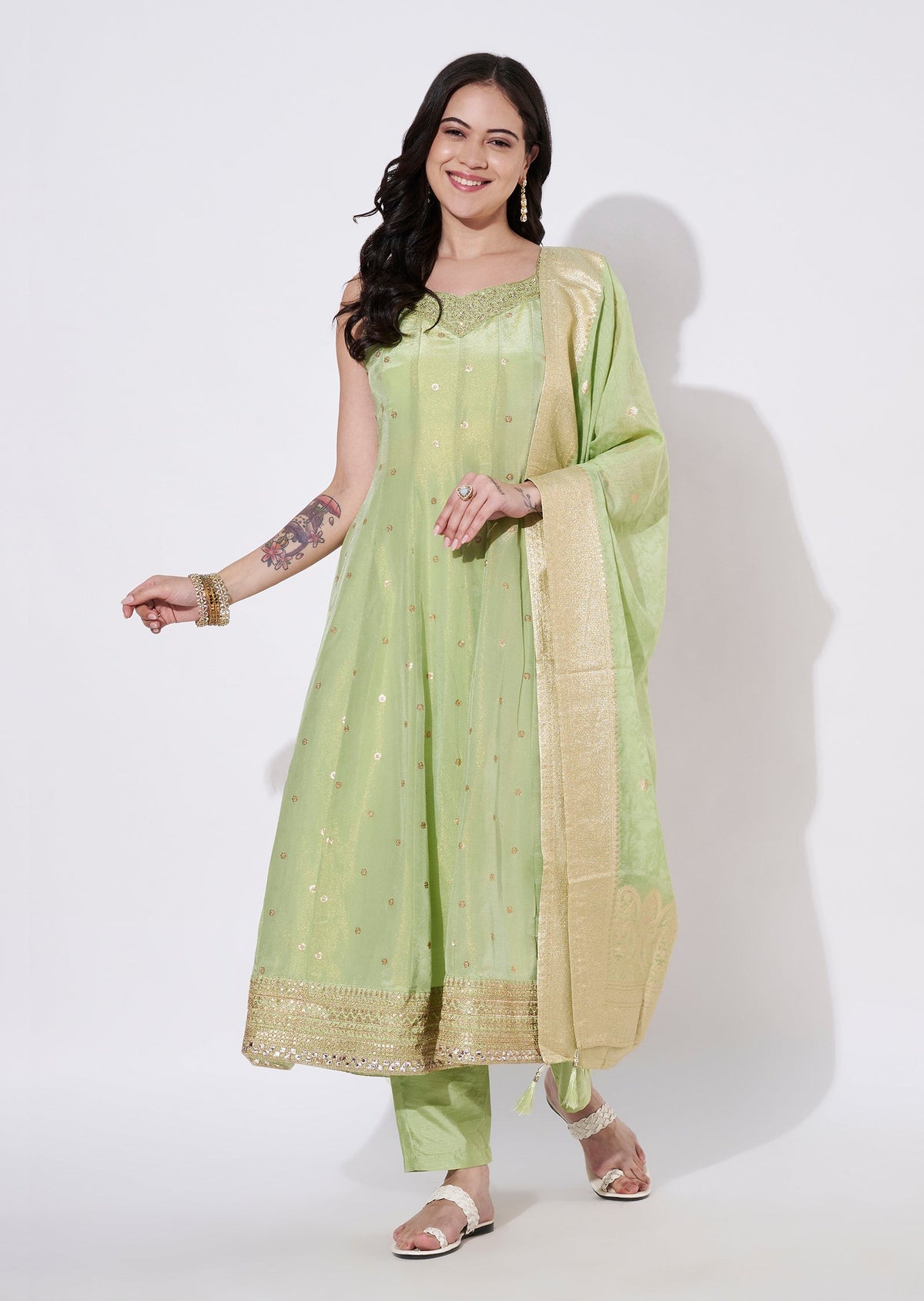 Light Green Tissue Anarkali Suit