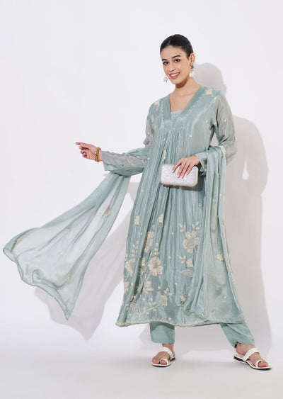 Dusty Blue Silk Anarkali Suit