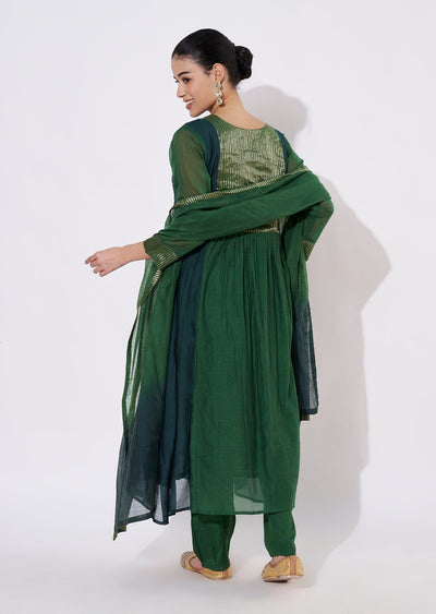 Mehndi Green Mul Chanderi Anarkali Suit