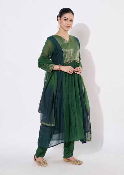 Mehndi Green Mul Chanderi Anarkali Suit