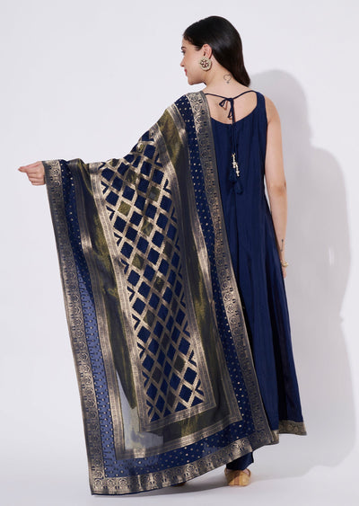 Navy Blue Silk Anarkali Suit