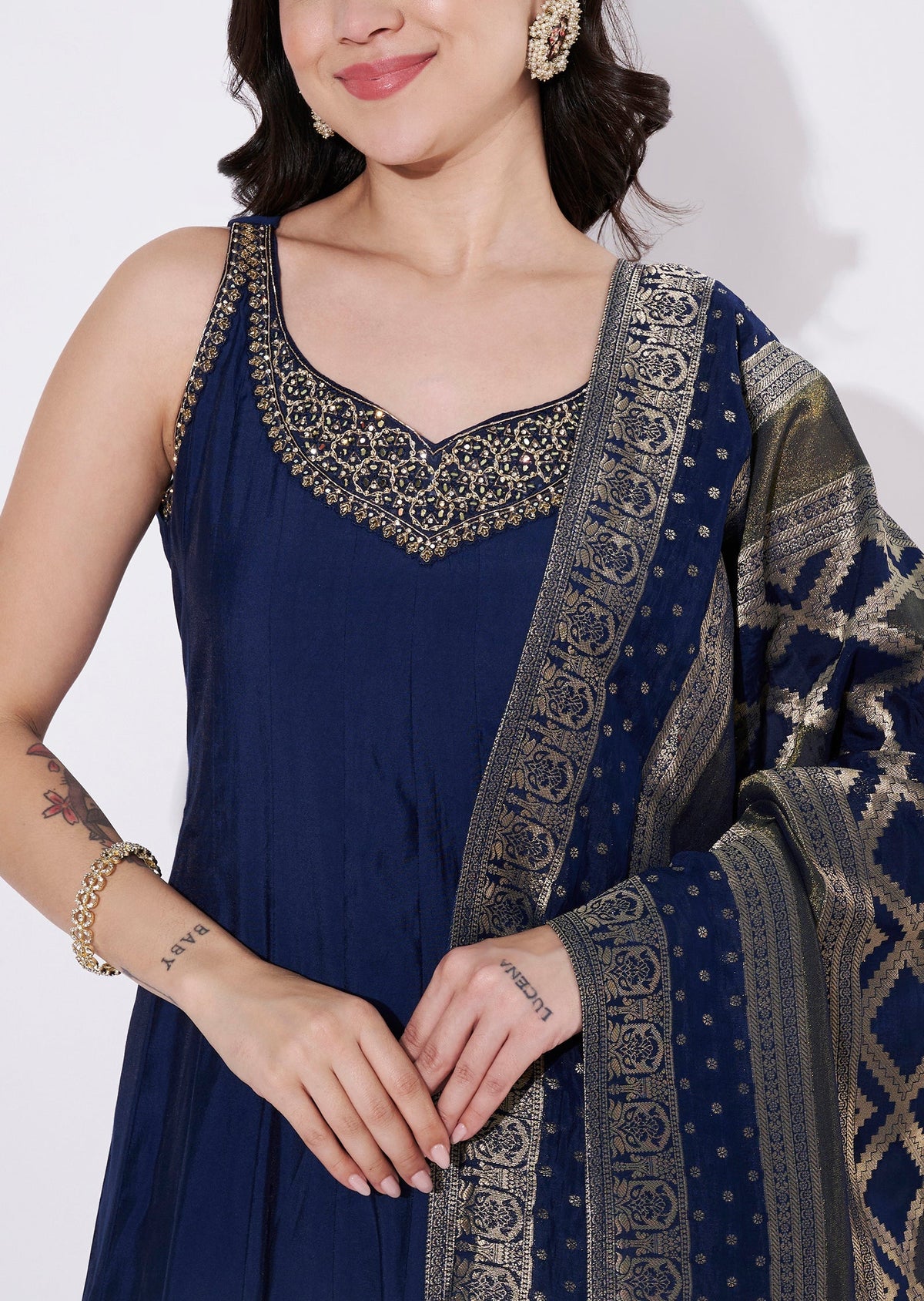Navy Blue Silk Anarkali Suit
