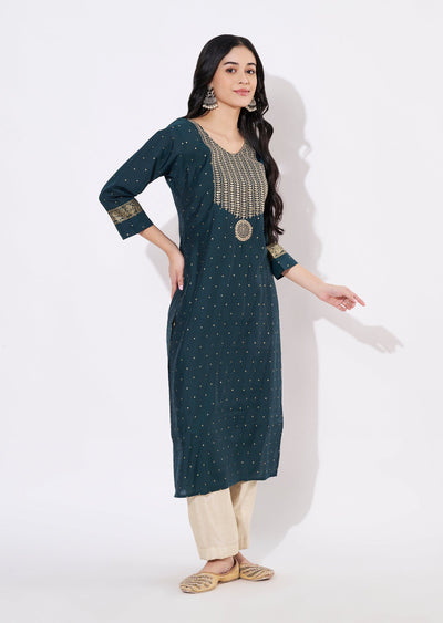 Green Muslin Straight cut Kurti