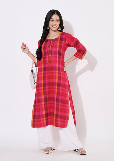 Pink Cotton Straight cut Kurti