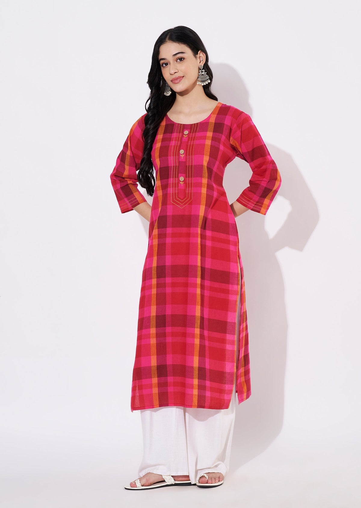 Pink Cotton Straight cut Kurti