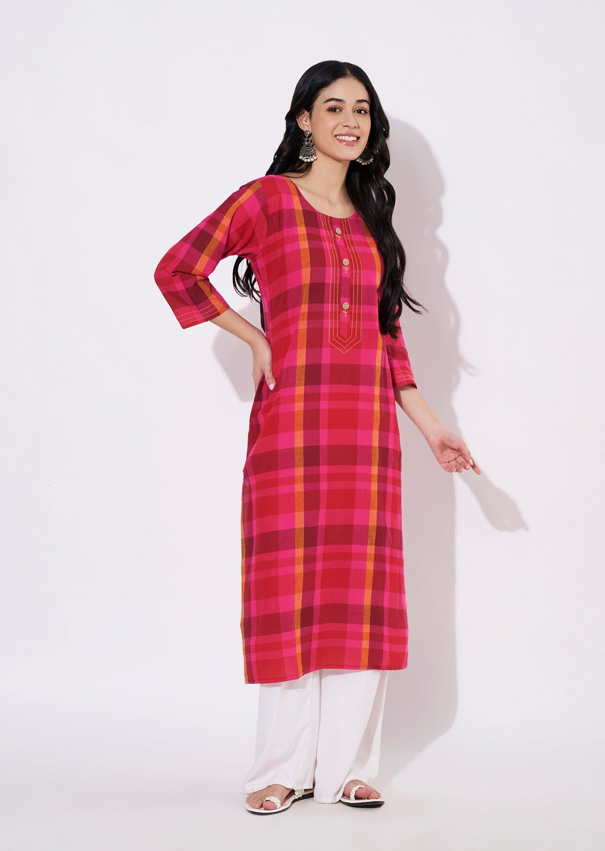 Pink Cotton Straight cut Kurti
