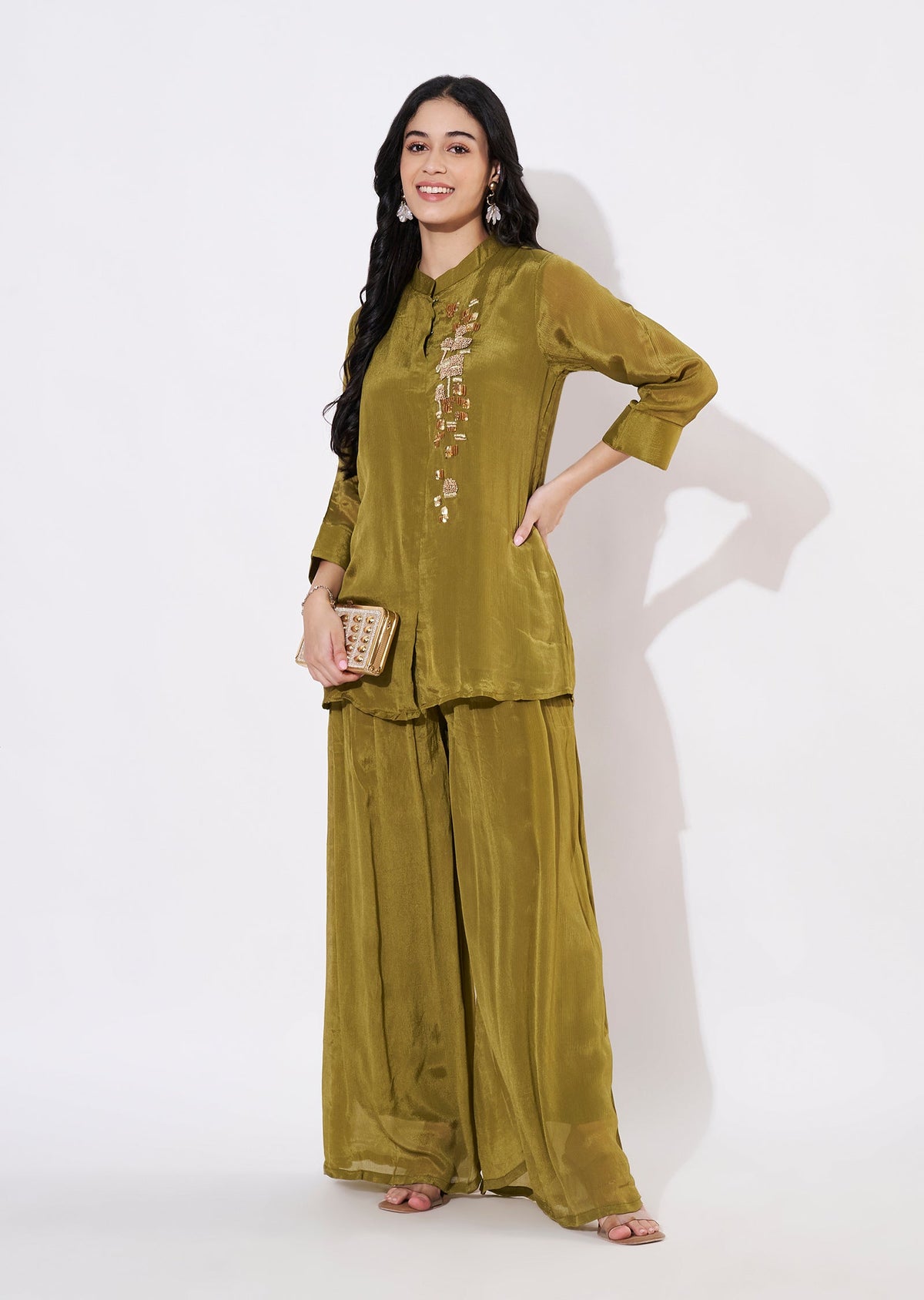 Olive Green Chinnon Fusion wear kurti
