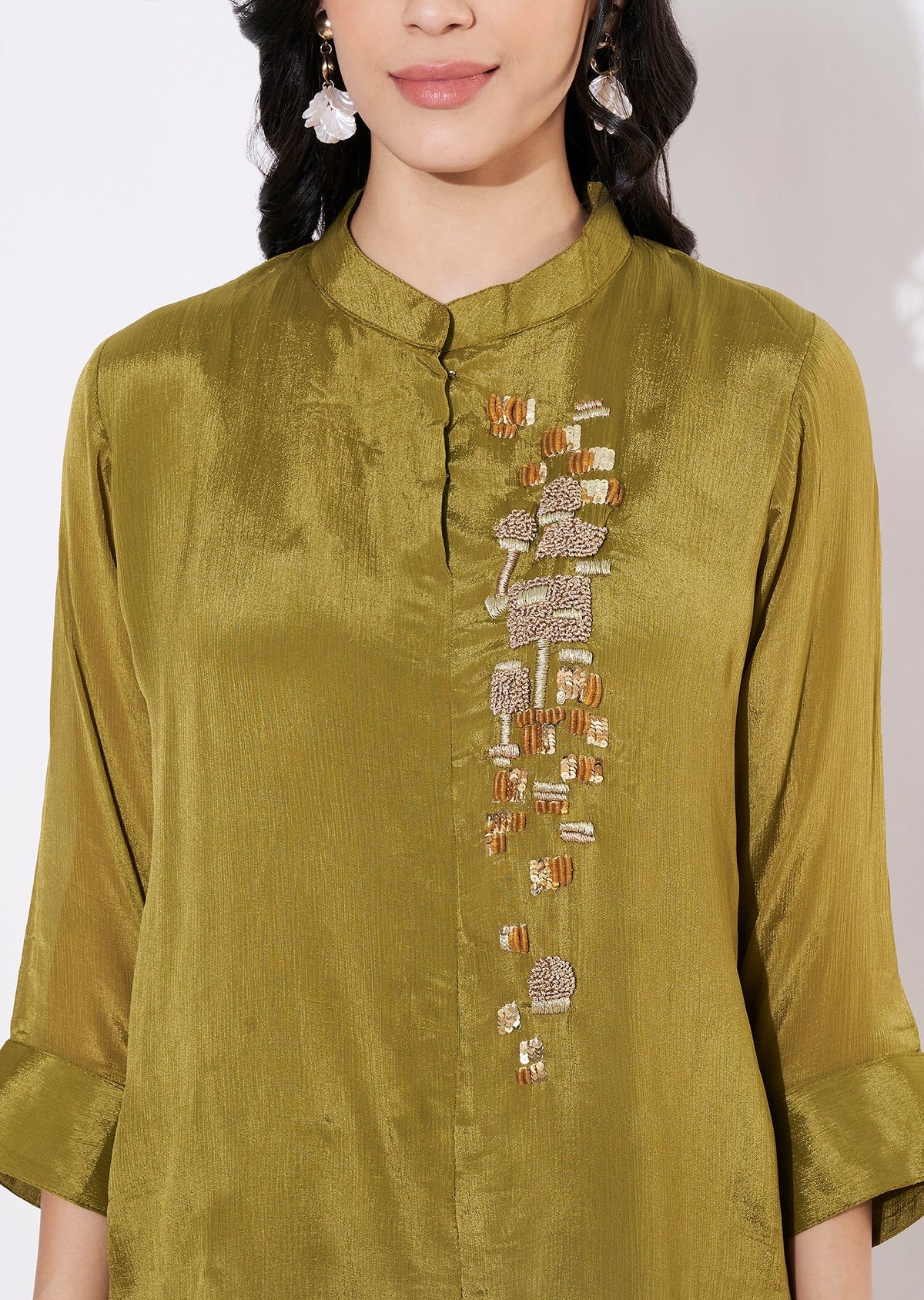 Olive Green Chinnon Fusion wear kurti