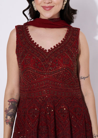 Maroon Georgette Sharara Set