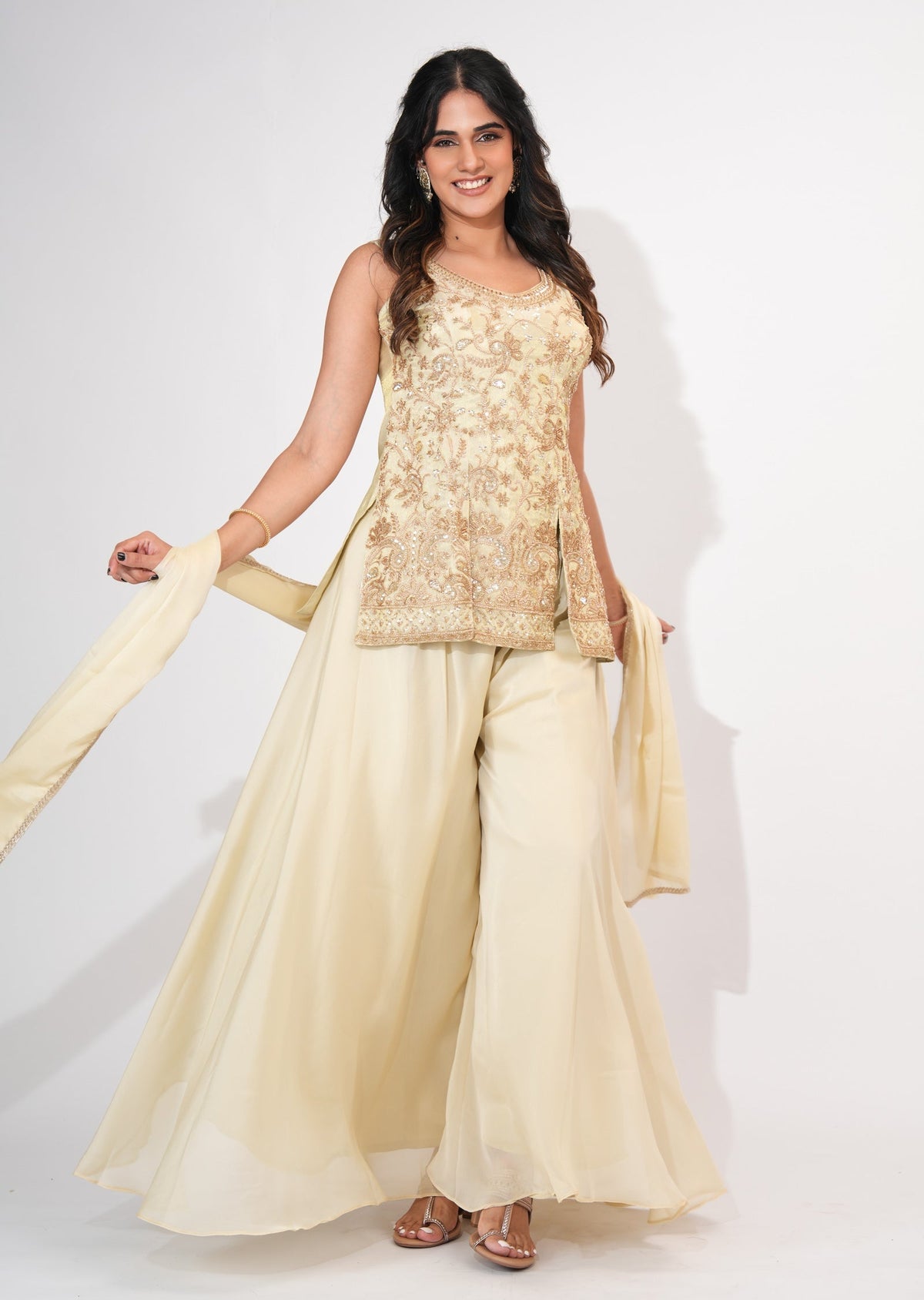 Cream Tissue Sharara Set