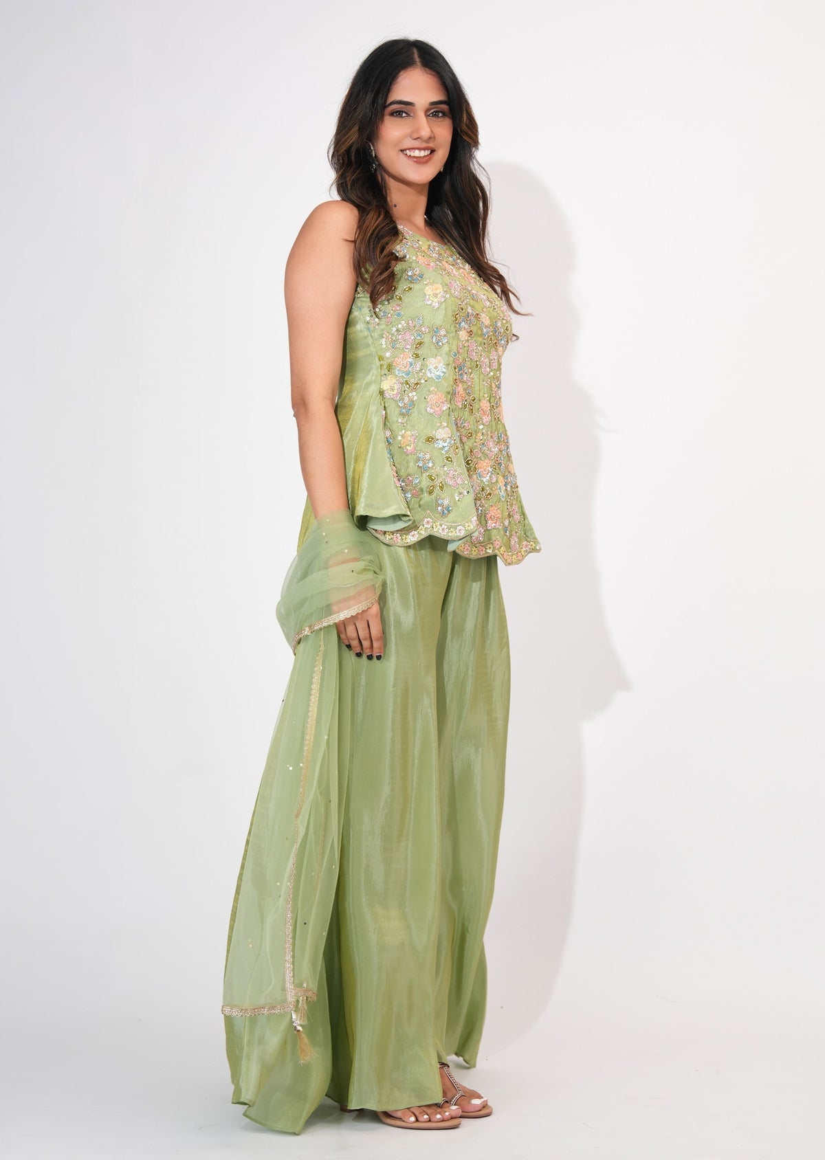 Dusty Green Tissue Sharara Set