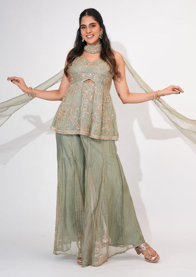 Dusty Green Tissue Sharara Set