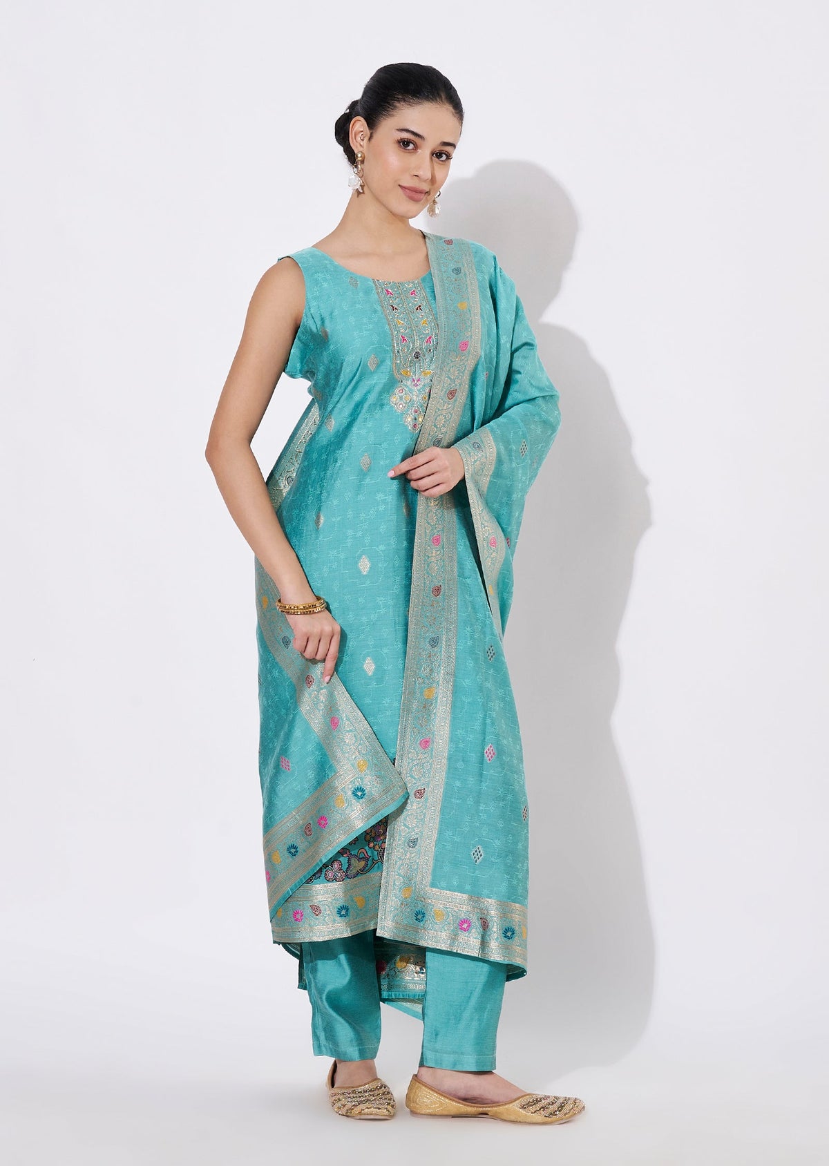 Light Blue Silk Straight cut suit