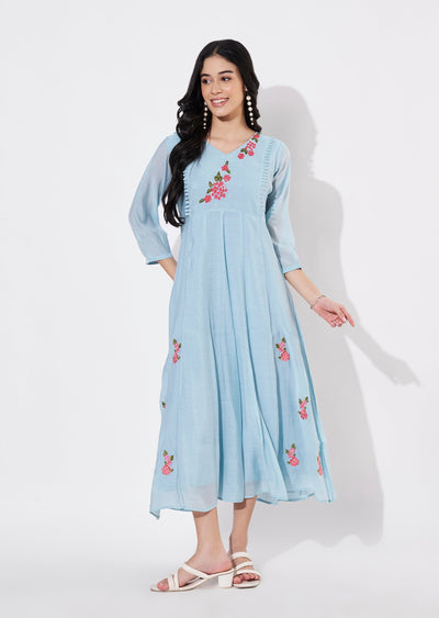 Dusty Blue Mul Chanderi Frock style kurti