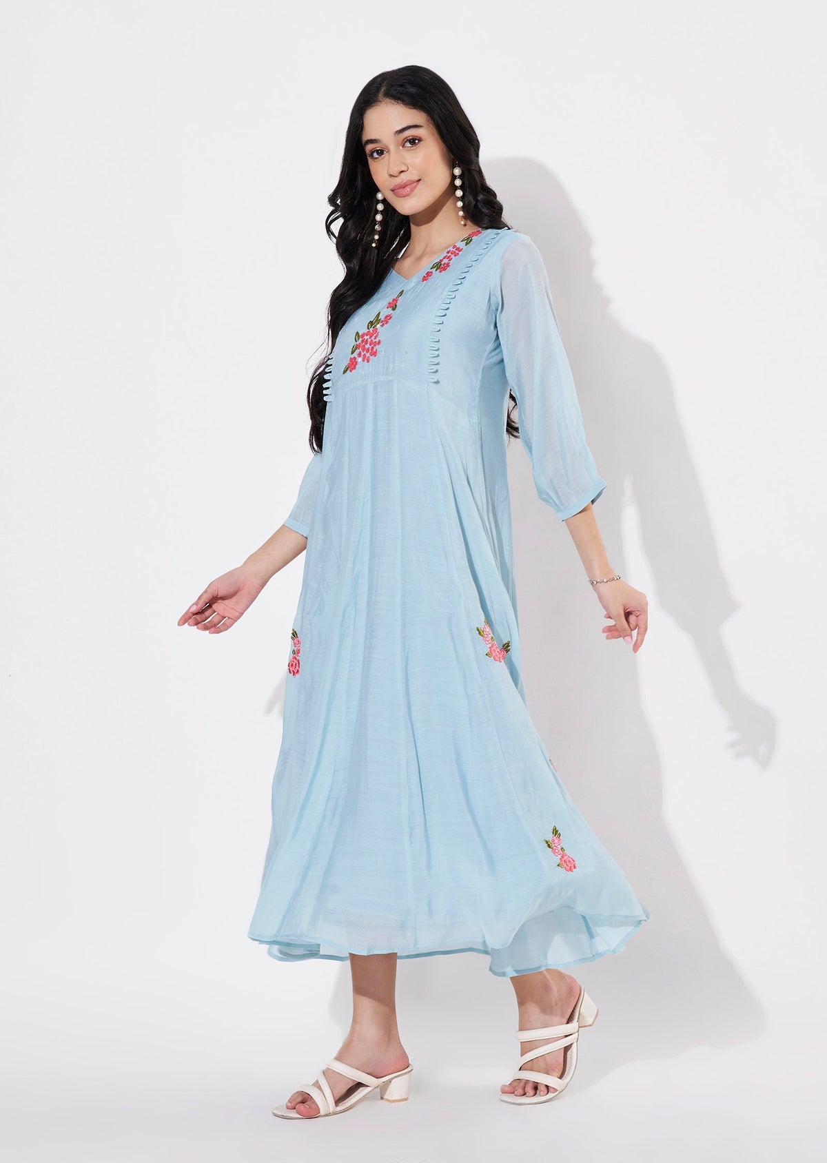 Dusty Blue Mul Chanderi Frock style kurti