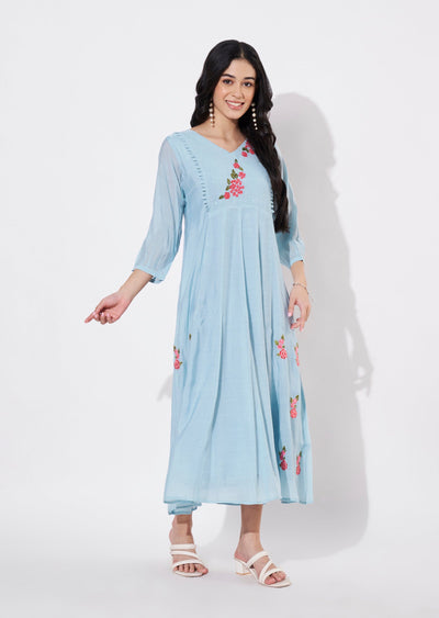 Dusty Blue Mul Chanderi Frock style kurti