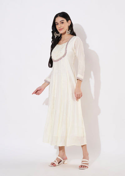 Cream Mul Chanderi Frock style kurti