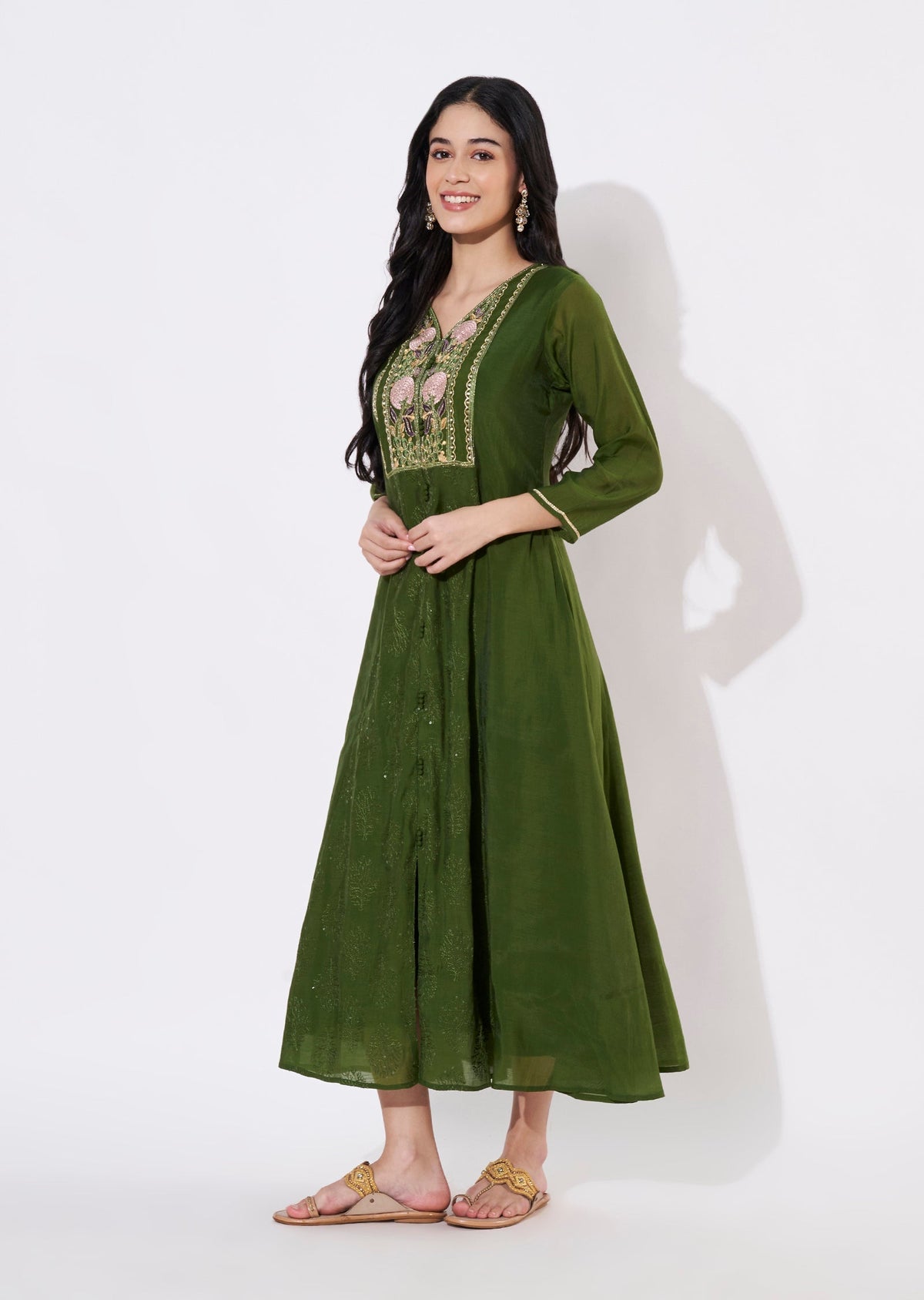 Mehndi Green Mul Chanderi Frock style kurti