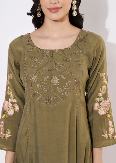 Olive Green Mul Chanderi Frock style kurti