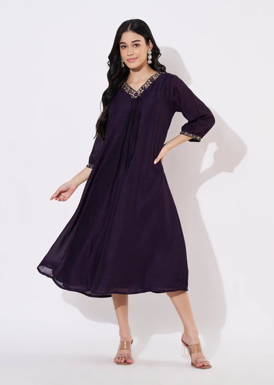 Dark Purple Vichitra Silk Frock style kurti