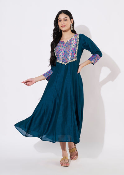 Rama Blue Vichitra Silk Frock style kurti