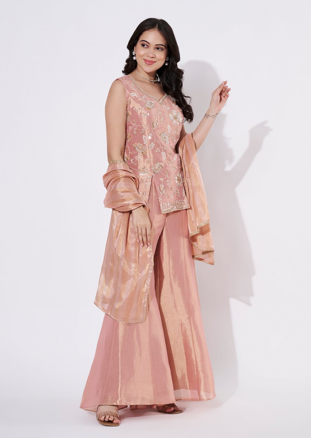 Peach Tissue Sharara Set