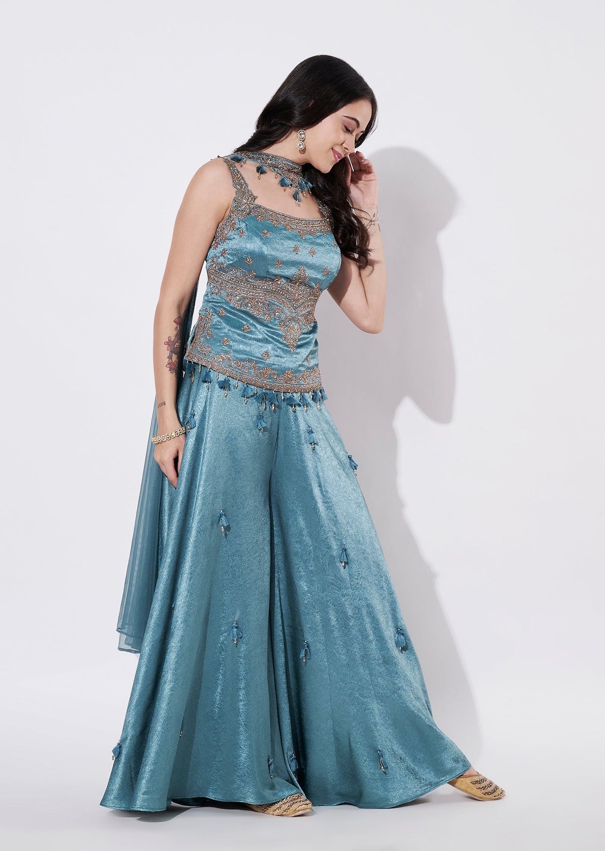 Dusty Blue Silk Sharara Set