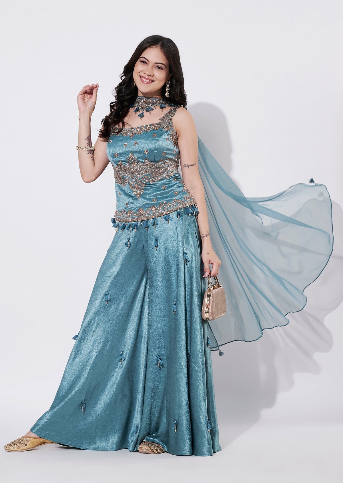 Dusty Blue Silk Sharara Set