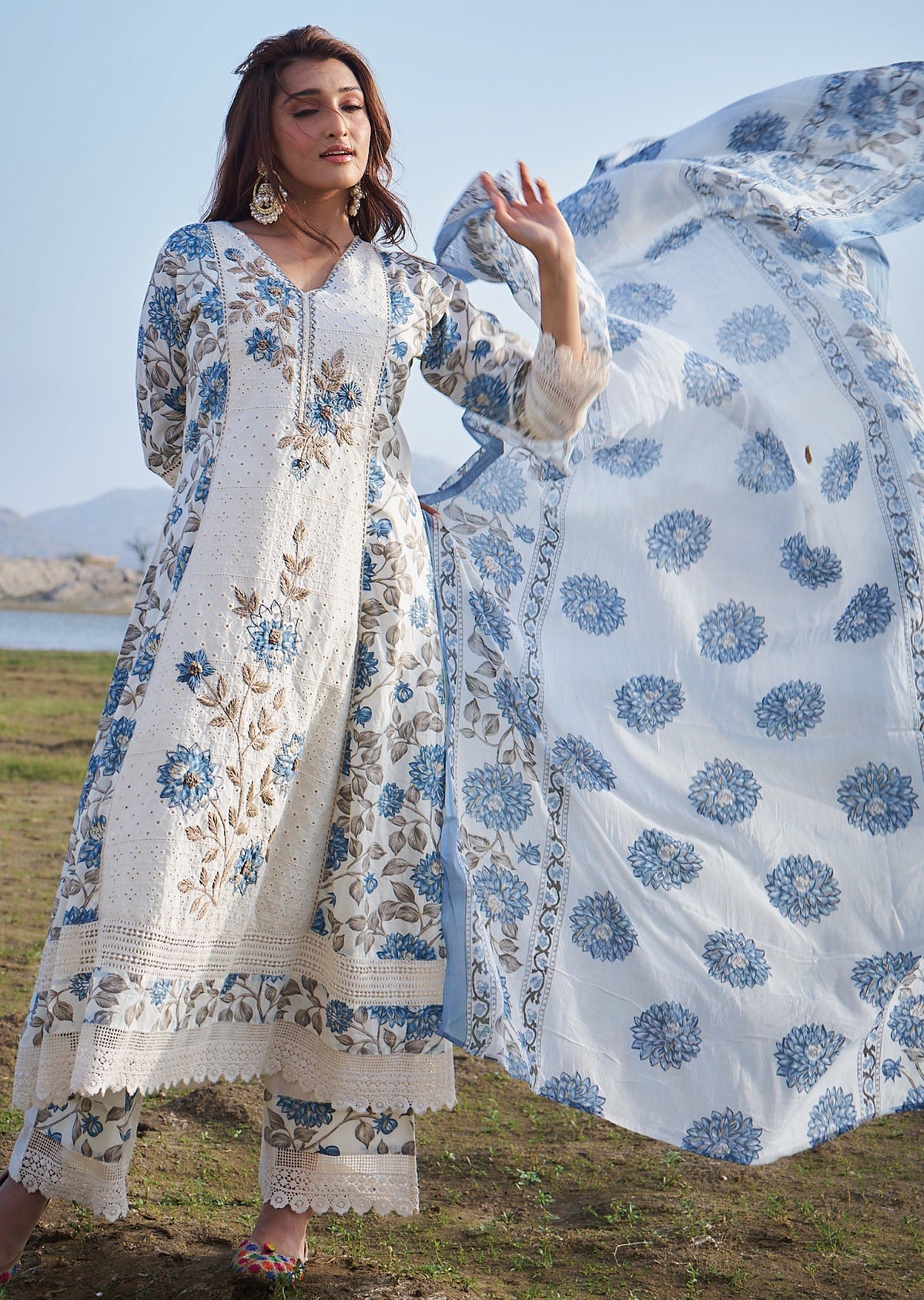 Cream & Blue Cotton Anarkali suit