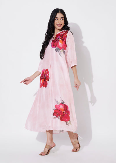 Baby Pink Dola Silk Frock style kurti