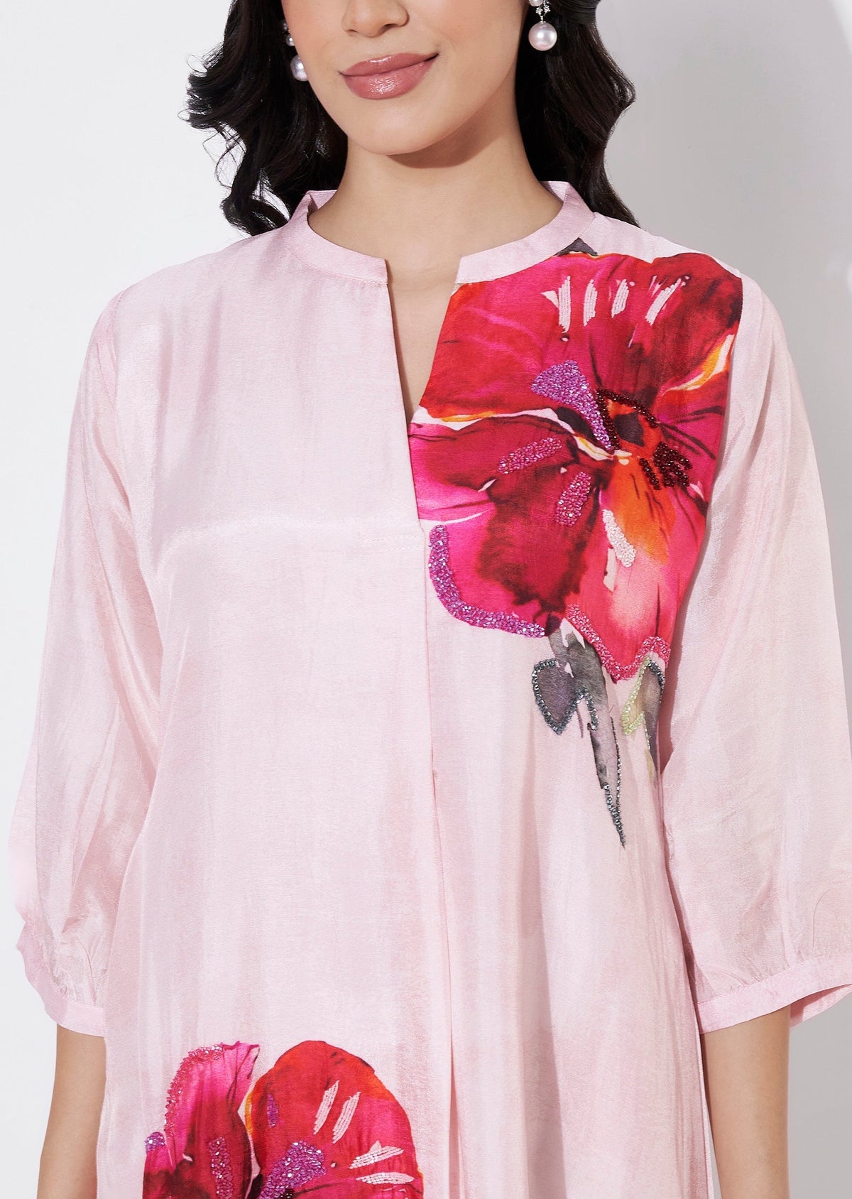 Baby Pink Dola Silk Frock style kurti