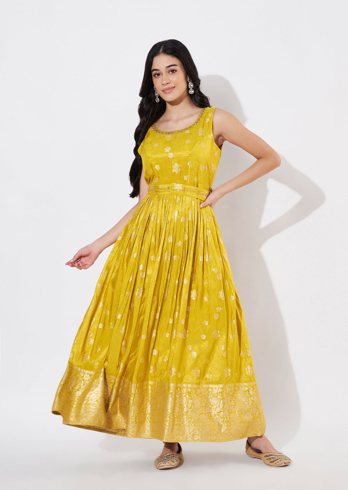Mustard Banaras Long Kurti