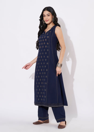 Navy Blue Gold Fusion wear kurti