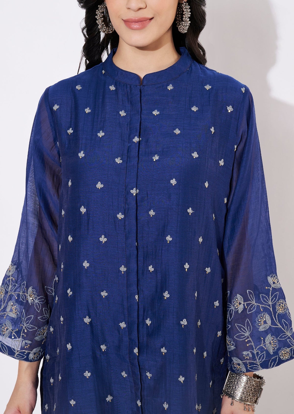 Navy Blue Chanderi Fusion wear kurti