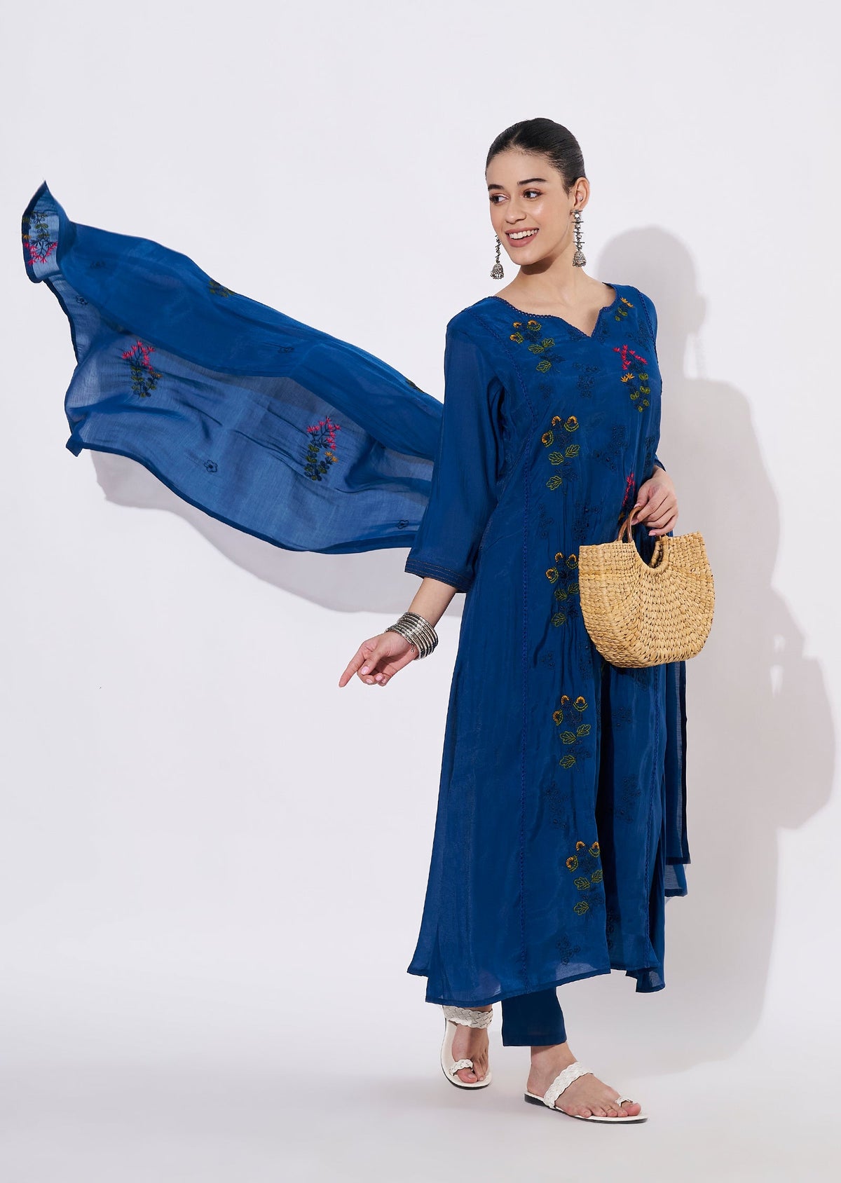 Teal Blue Mul Chanderi Anarkali Suit