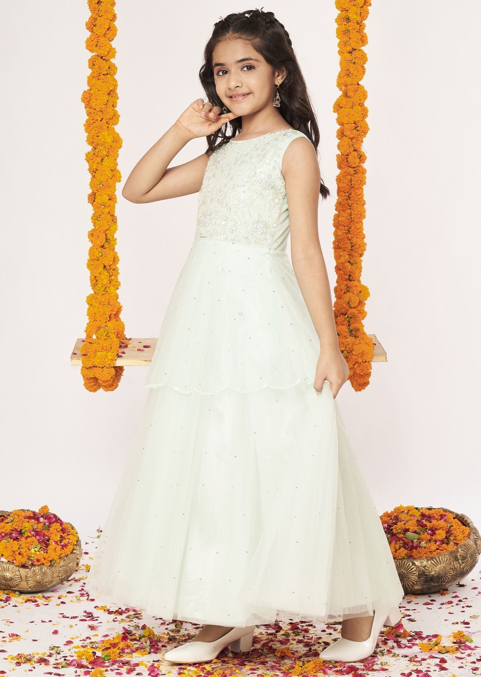 Pista Green Net Ethnic Gown