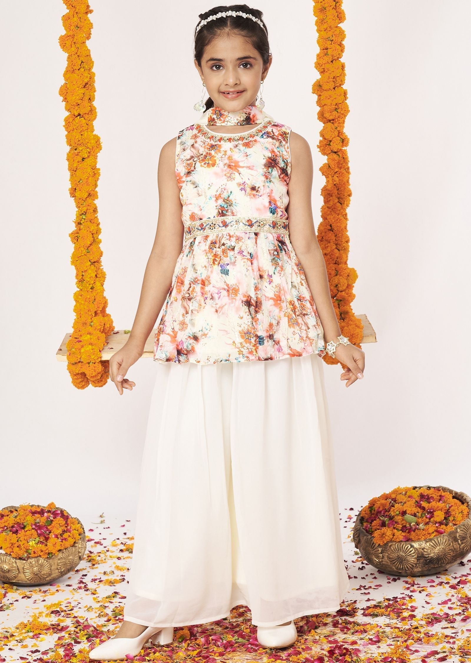 Cream Chinnon Gharara Set