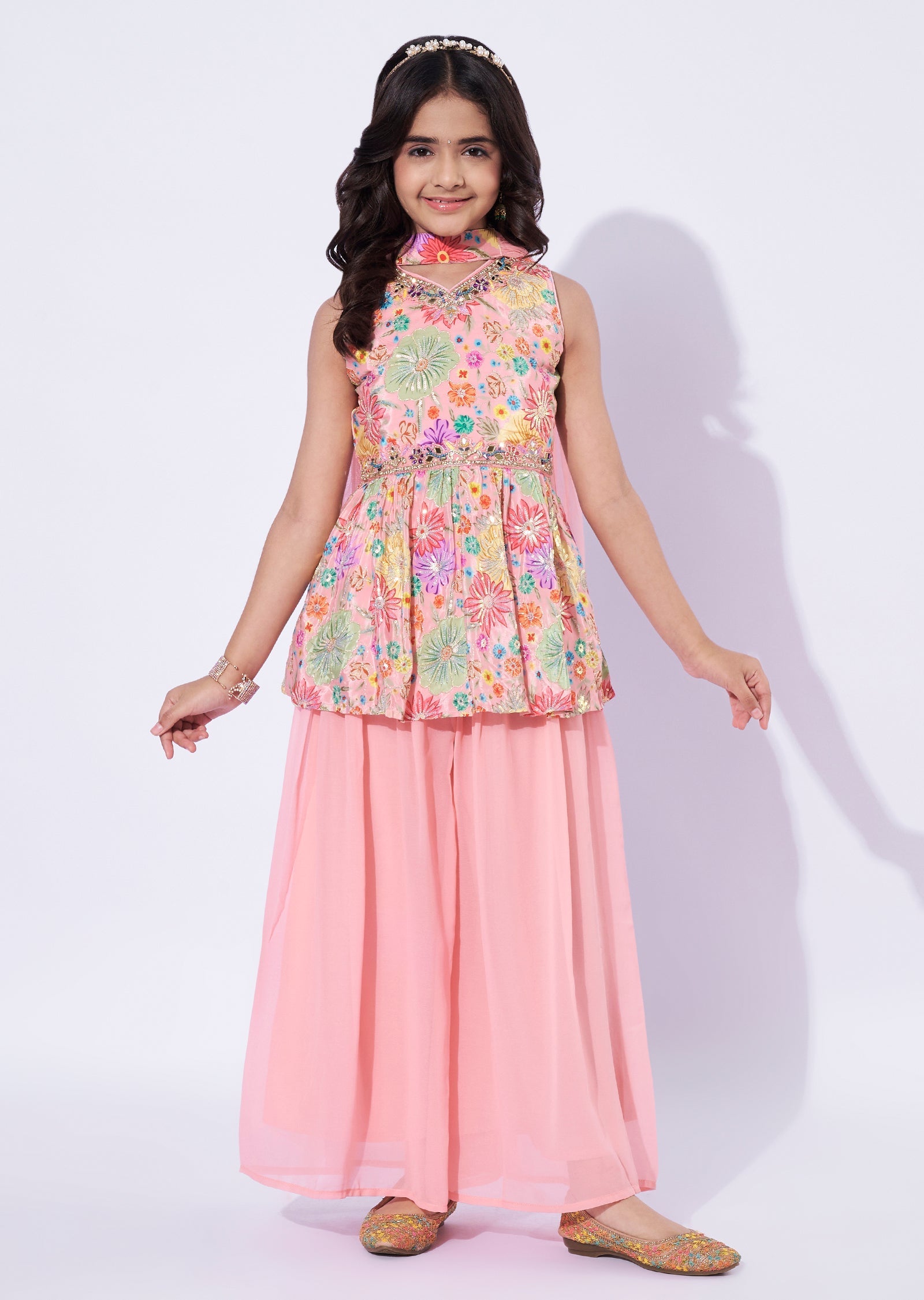 Peach Crepe Girls Sharara