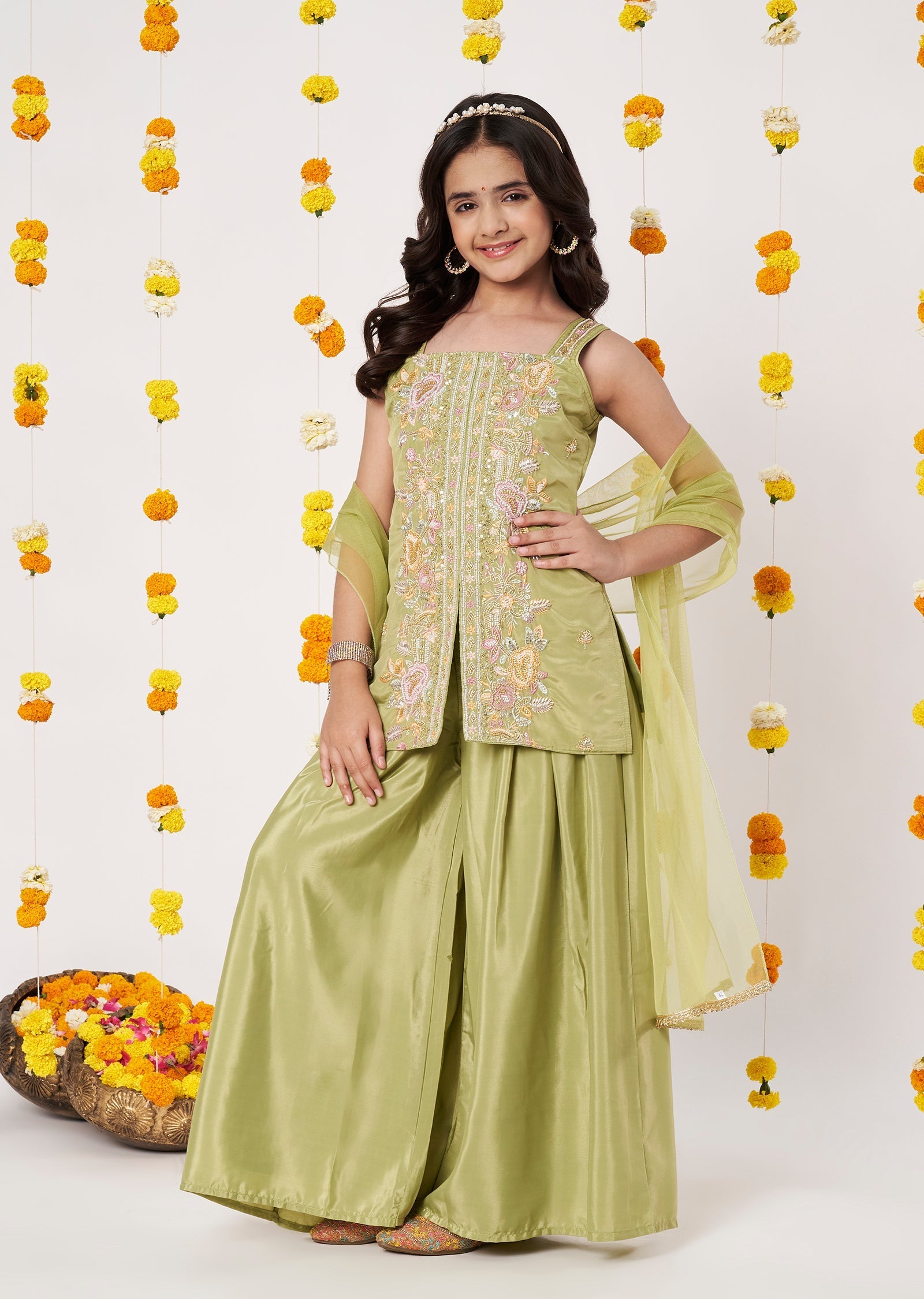 Green Crepe Girls Gharara