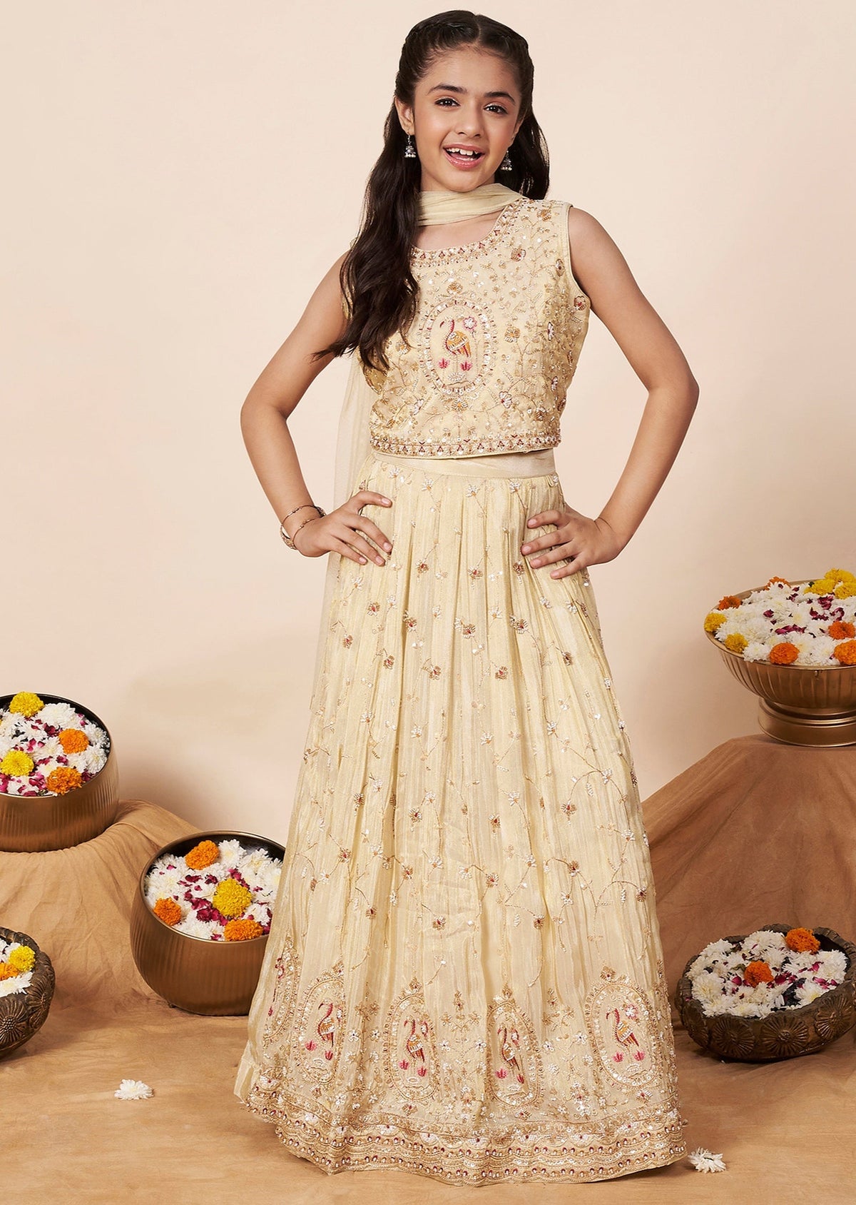 Beige Tissue Girls Ghagra Choli