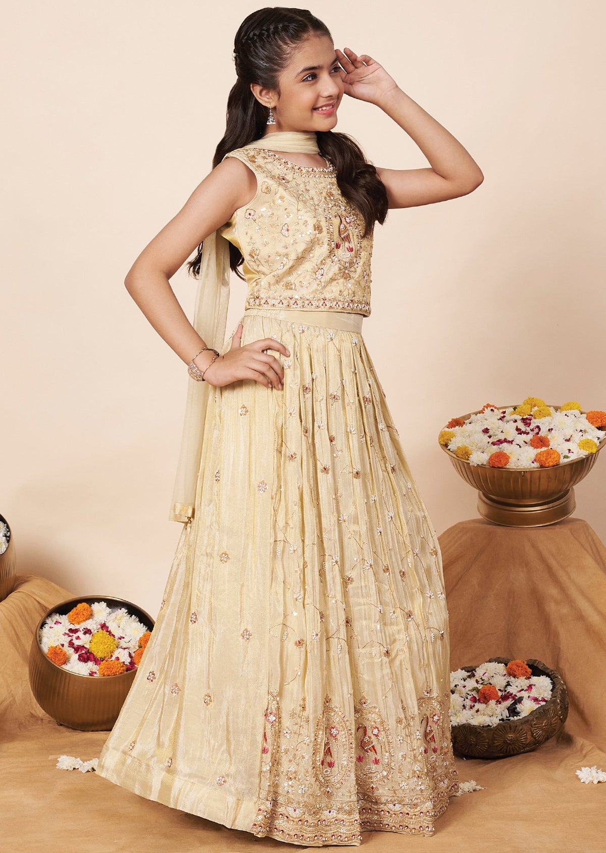 Beige Tissue Girls Ghagra Choli