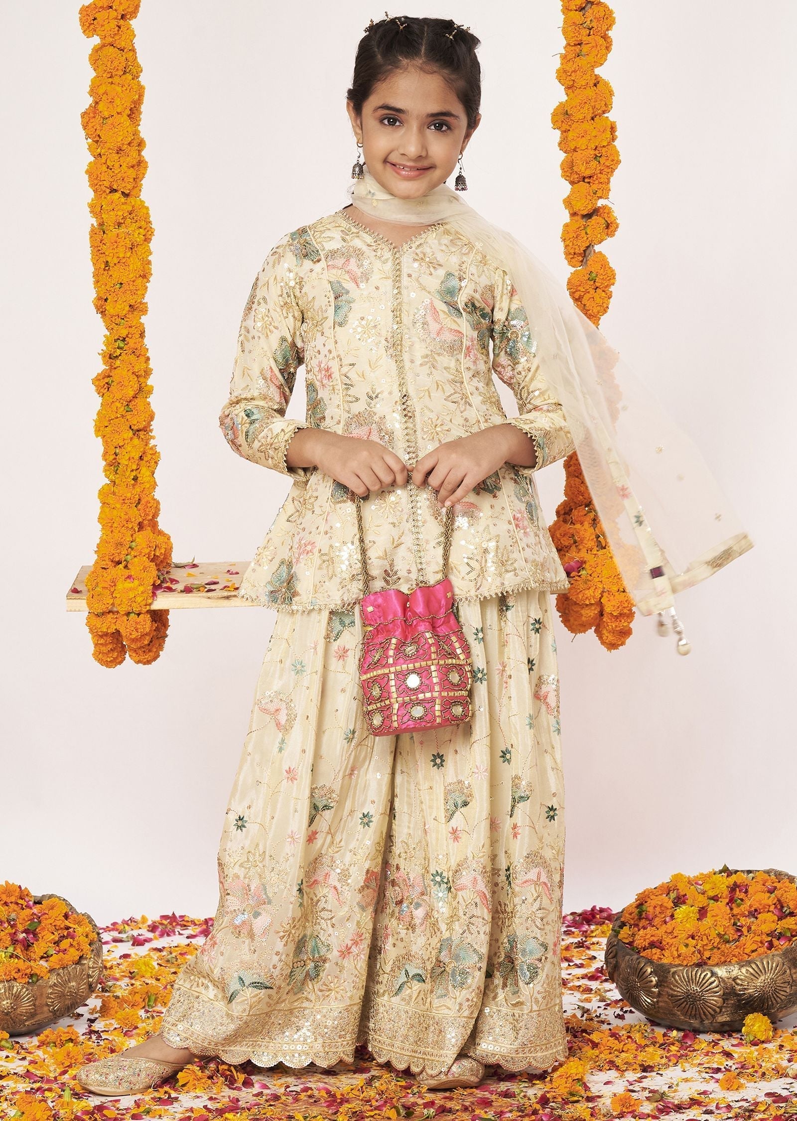 Biege Tissue Gharara Set