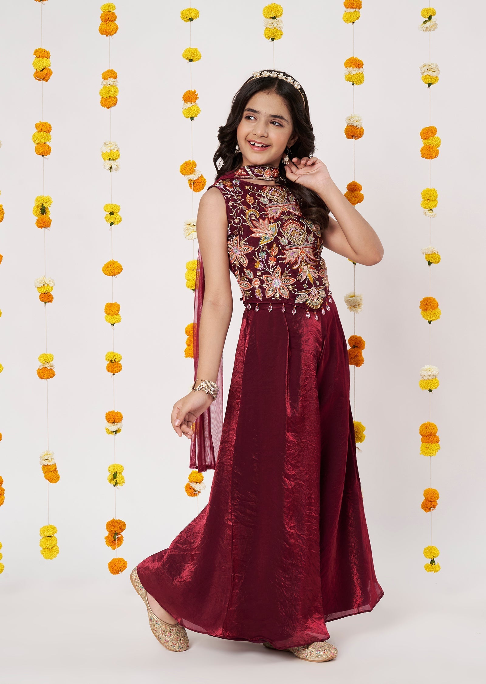 Maroon Organza Girls Gharara
