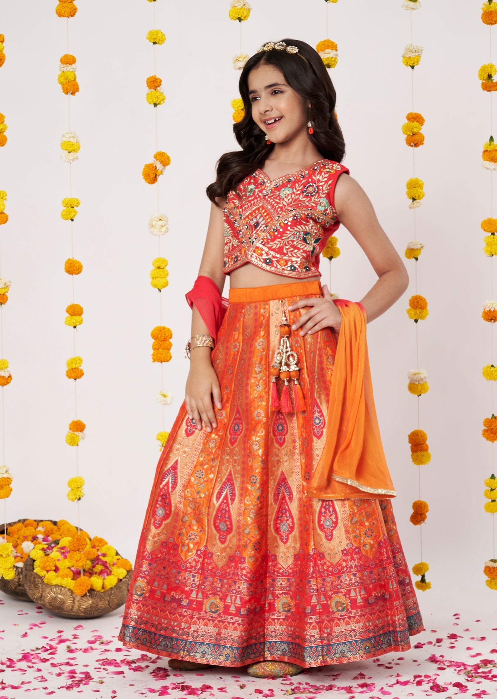 Orange Banaras Girls Ghagra Choli