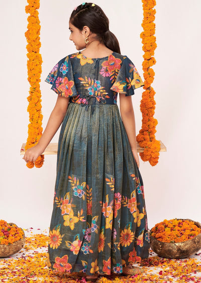 Teal Blue Tissue Ethnic Gown