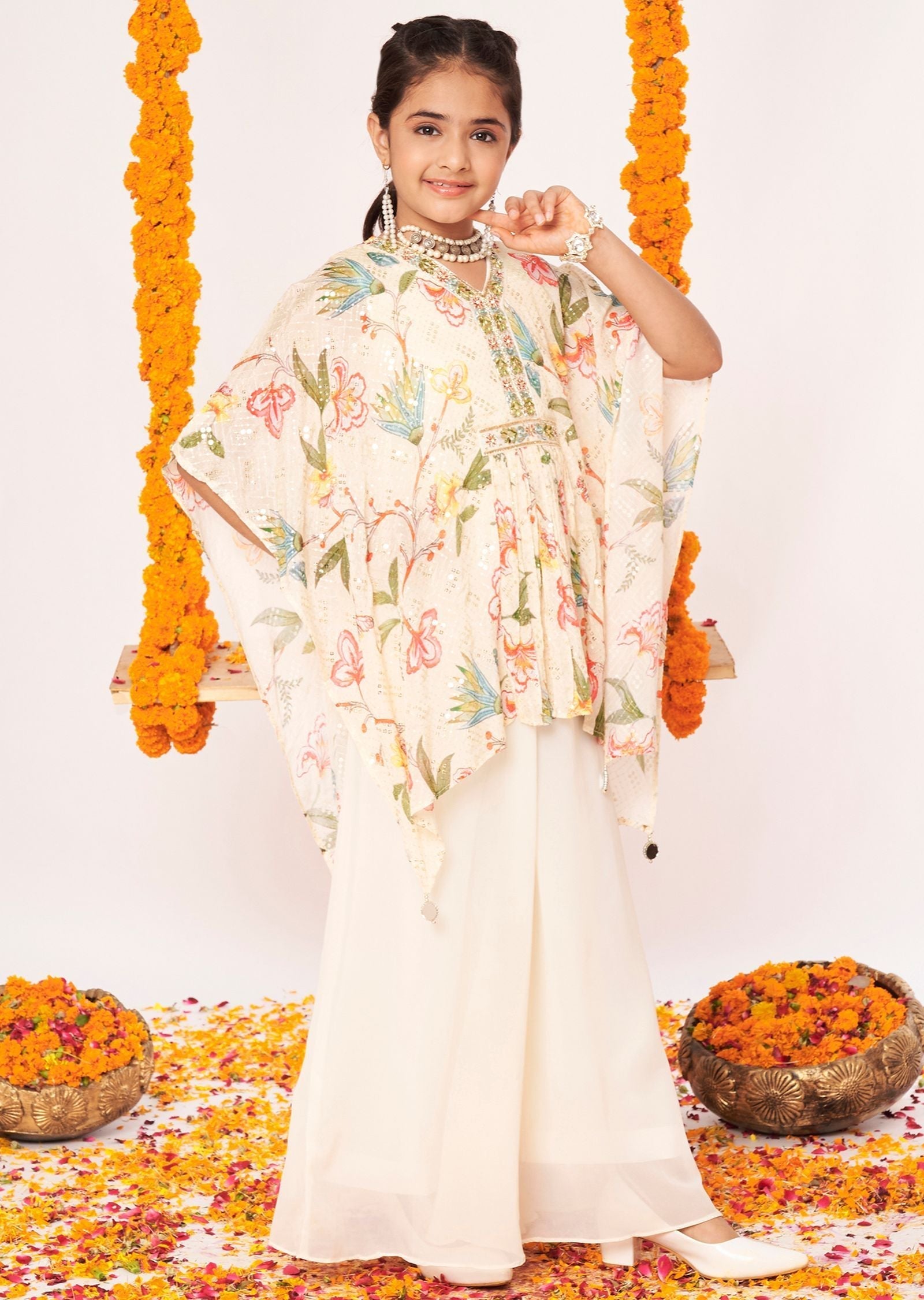 Cream Chinnon Gharara Set